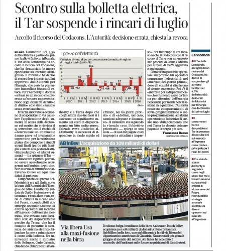 TAR DELLA LOMBARDIA BLOCCA AUMENTI DELLE BOLLETTE PER IL MESE DI LUGLIO